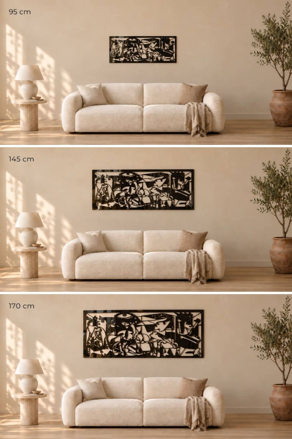 Medidas del Guernica en aluminio: 95, 145 y 170 cm sobre el mismo sofá