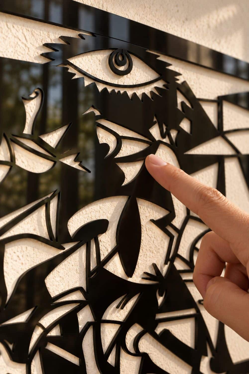 Detalle del Guernica en aluminio negro brillante: el ojo y la cabeza del caballo