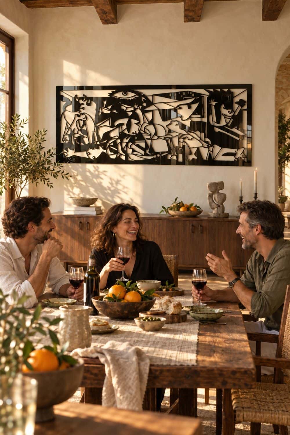 Amigos en una sobremesa con el cuadro del Guernica en aluminio en la pared