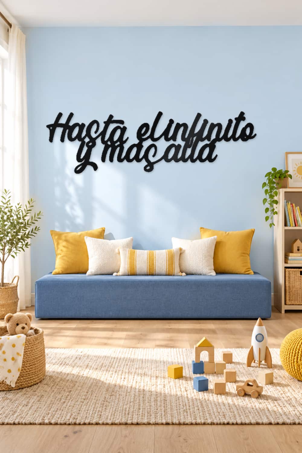 Hasta el infinito y más allá · cuadro negro sobre pared azul clara en sala de juegos