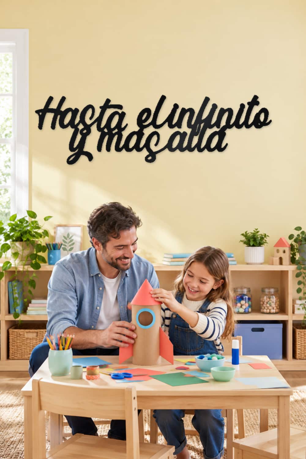 Hasta el infinito y más allá · padre e hija creando un cohete en familia