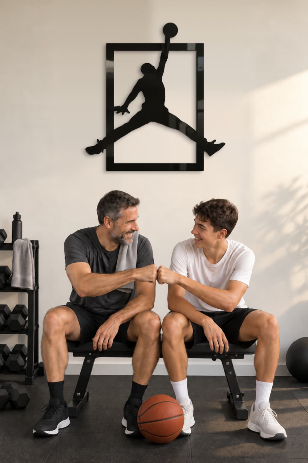 Cuadro Airness en el gimnasio de casa: padre e hijo chocan el puño después de entrenar
