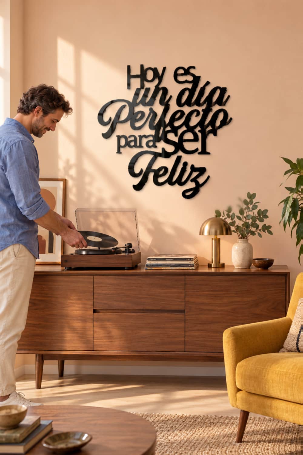 Hoy es un día perfecto para ser feliz · música en una sala mid-century