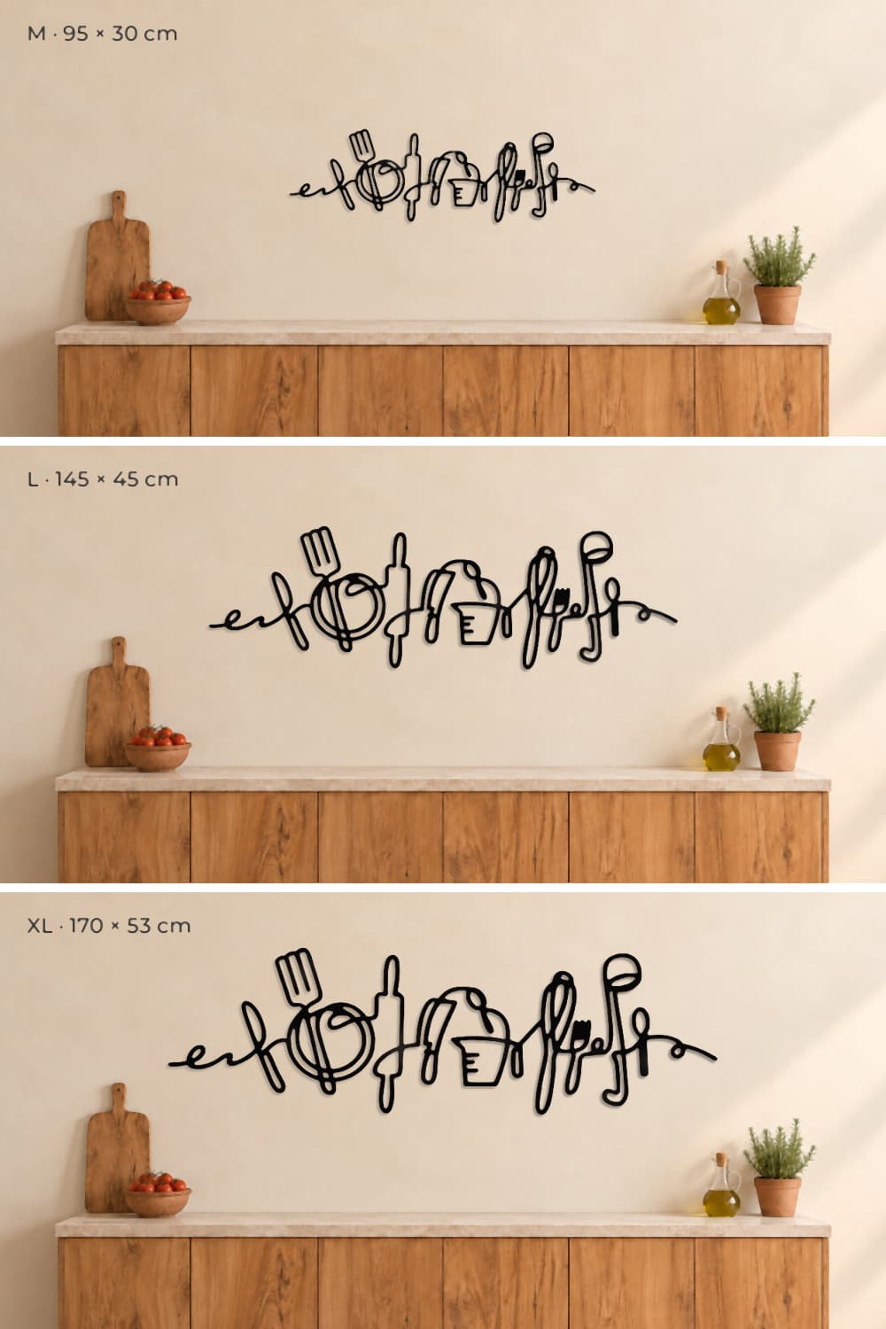 Cuadro Kitchen en sus tres medidas: M 95 × 30, L 145 × 45 y XL 170 × 53 cm sobre la misma encimera