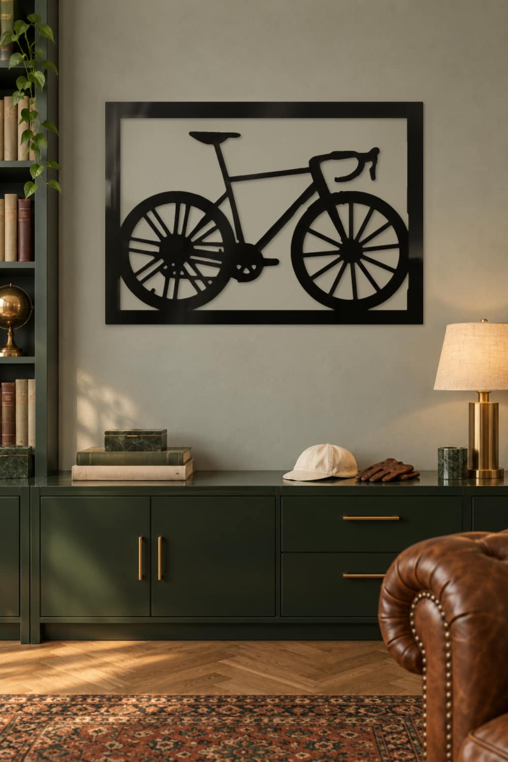 Cuadro La Flaca, bici de carretera en aluminio negro brillante, sobre un aparador verde en una biblioteca