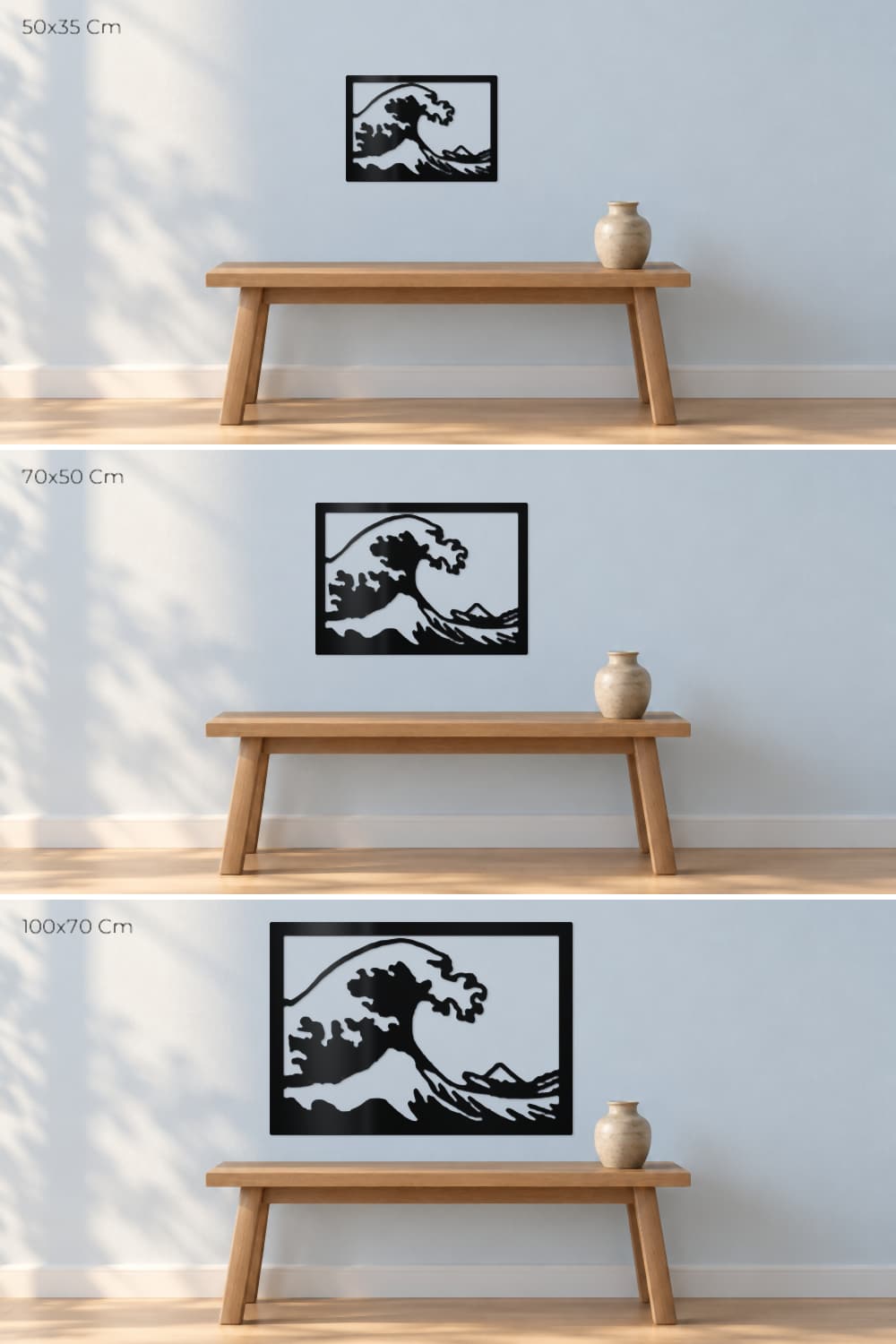 La Gran Ola de Kanagawa: medidas 50x35 Cm, 70x50 Cm y 100x70 Cm sobre la misma pared