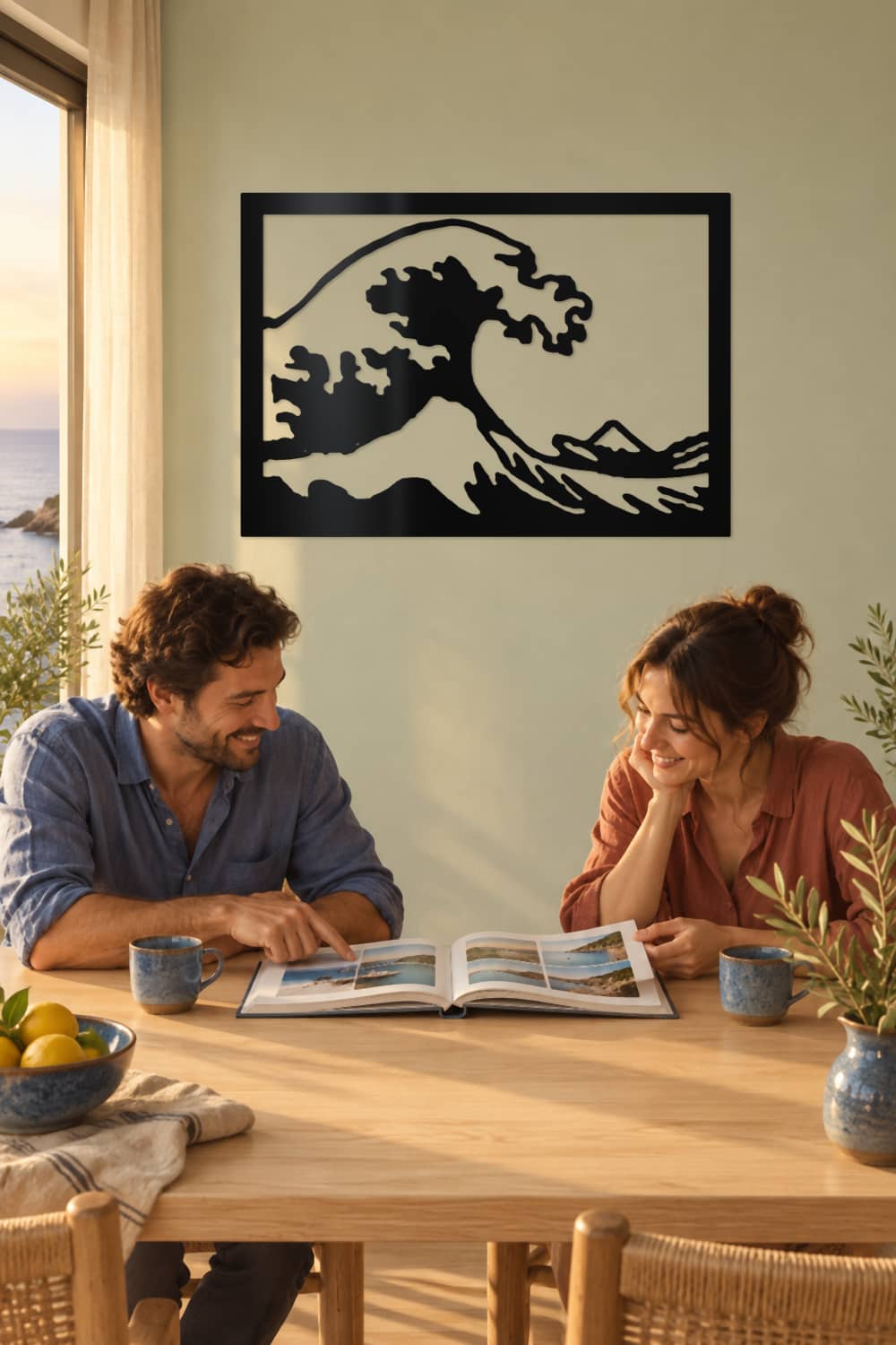 La Gran Ola de Kanagawa en un comedor salvia con dos amigos compartiendo recuerdos del mar