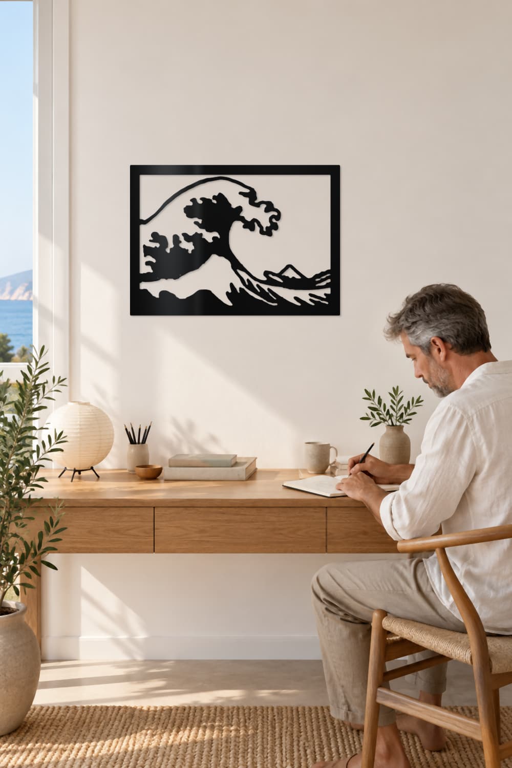 La Gran Ola de Kanagawa en un despacho junto al mar con un hombre dibujando