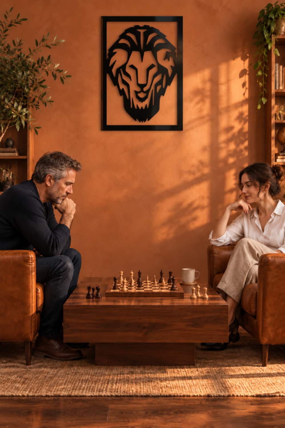 Leon Athletic en sala terracota con dos personas jugando al ajedrez