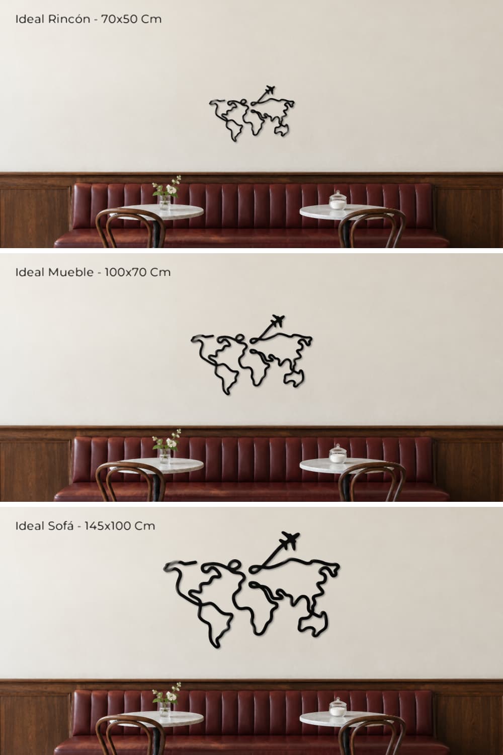 Line art mapamundi: tres medidas a escala sobre la misma pared de un café-bar