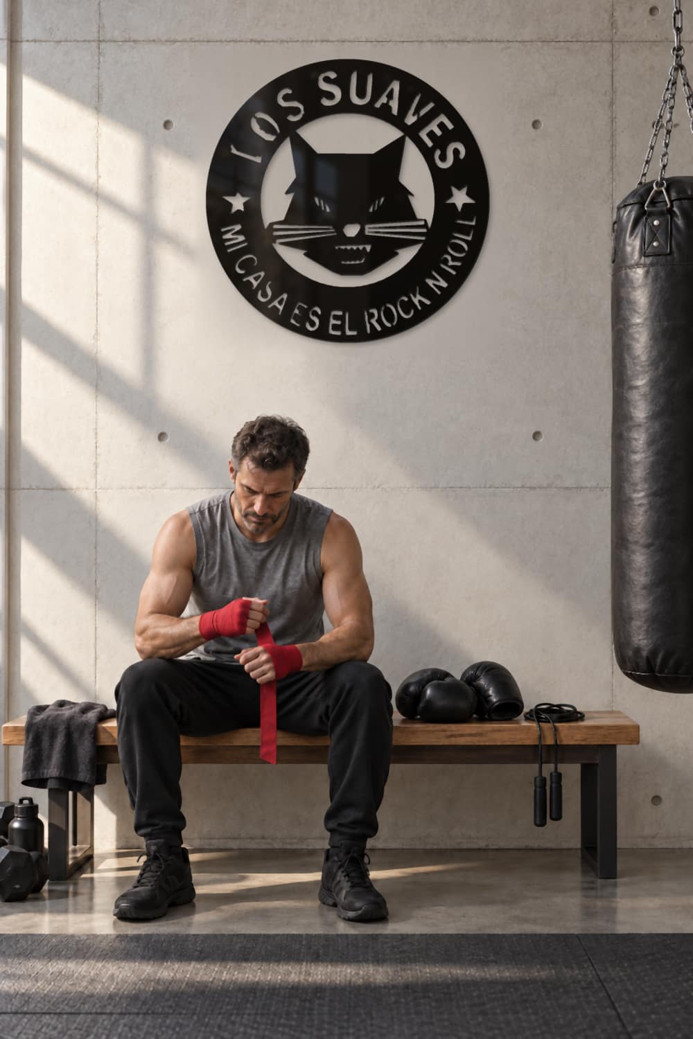 Los Suaves en una zona de entrenamiento con un hombre preparándose para boxear.