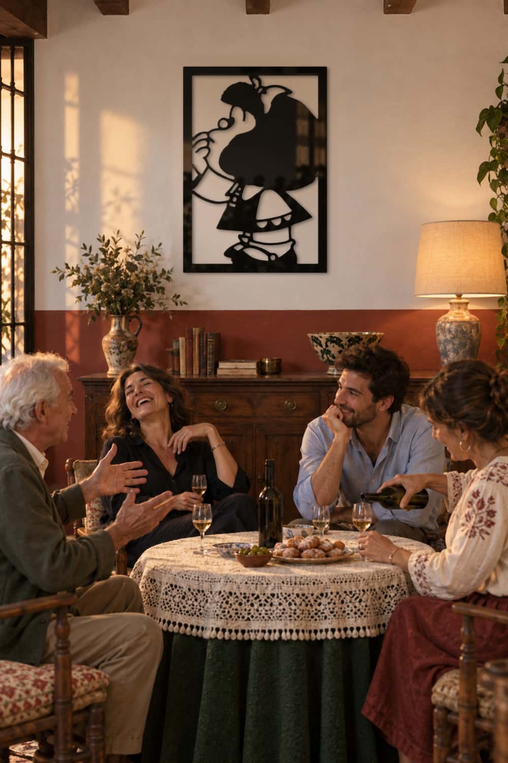Mafalda Pensativa en una tertulia de amigos en un salón andaluz
