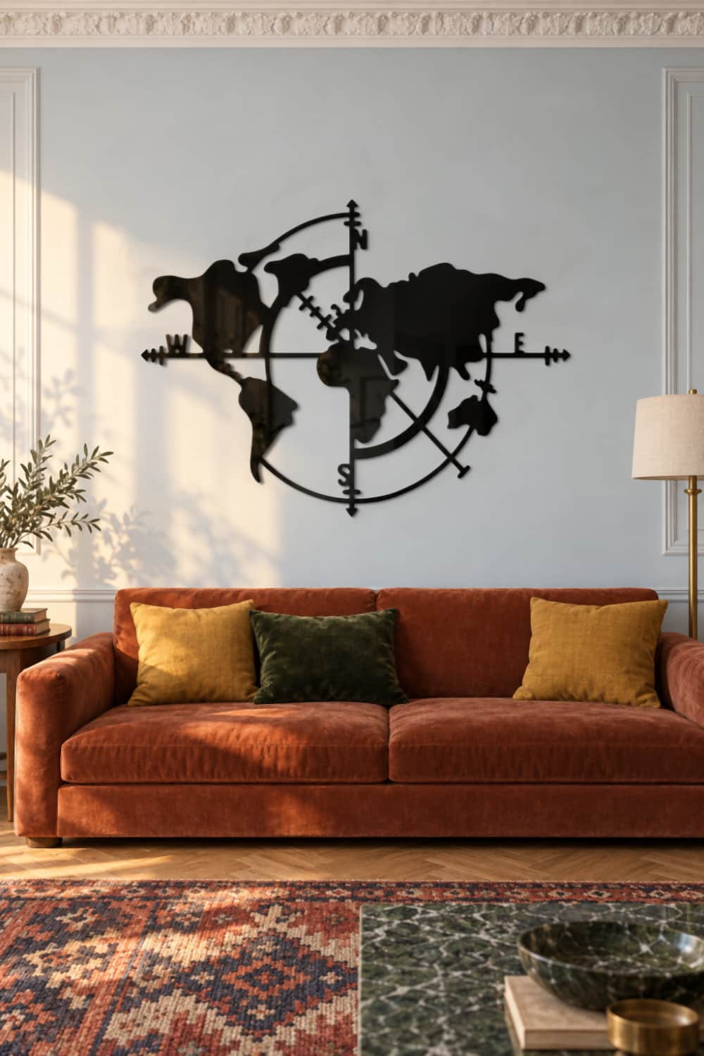 Cuadro Mapa de los Vientos en metal negro sobre sofá de terciopelo terracota en salón con molduras