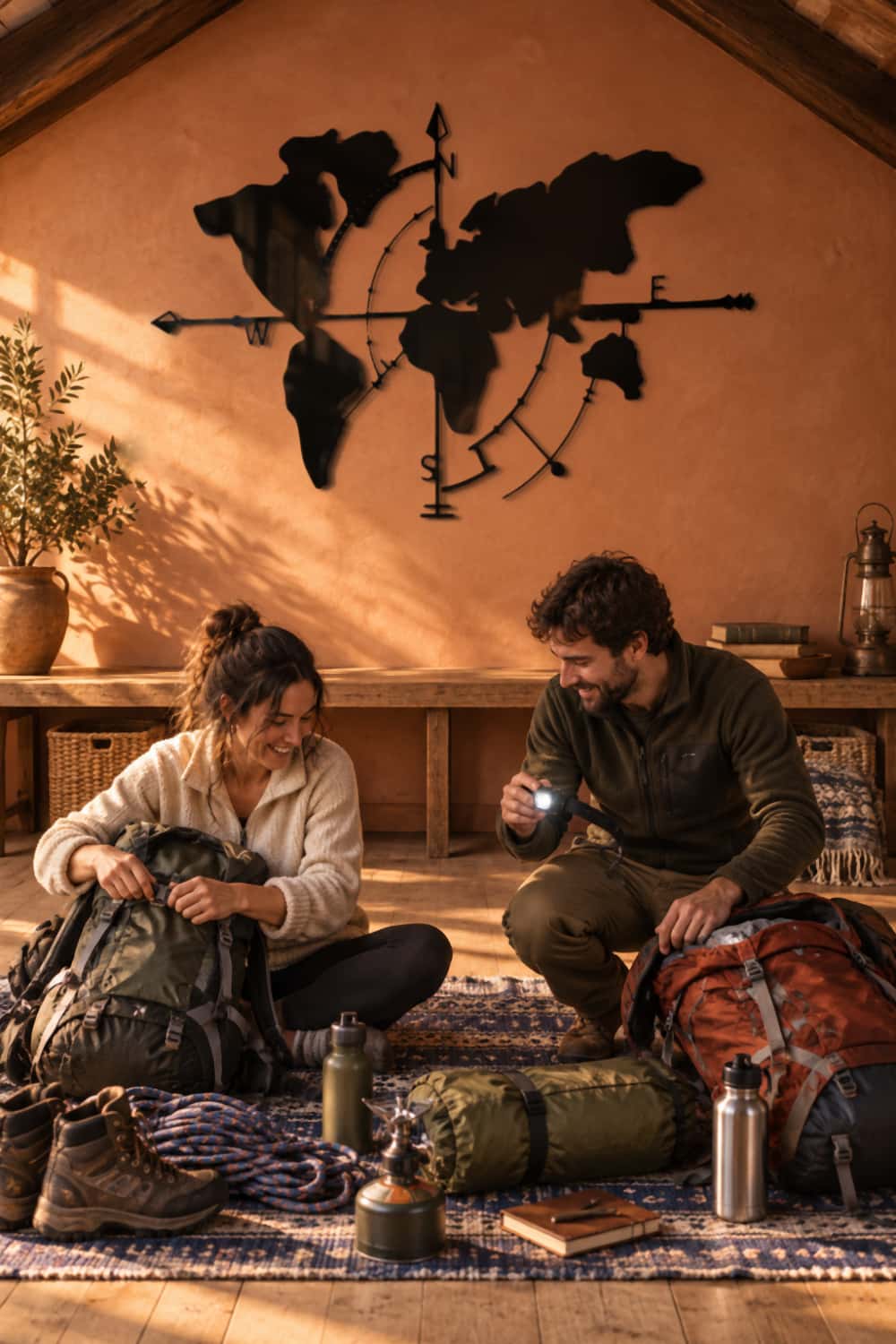 Mapa Indy en buhardilla terracota con una pareja preparando una travesía