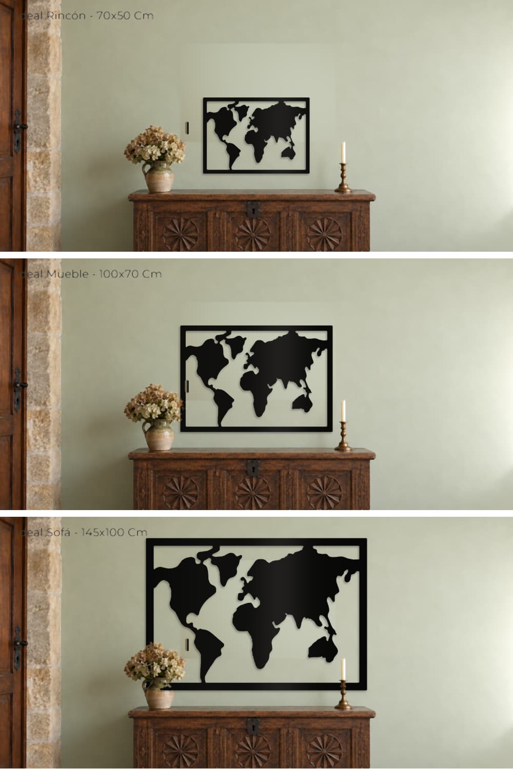 Mapa Mundi: Ideal Rincón 70x50, Ideal Mueble 100x70 e Ideal Sofá 145x100 Cm a escala.