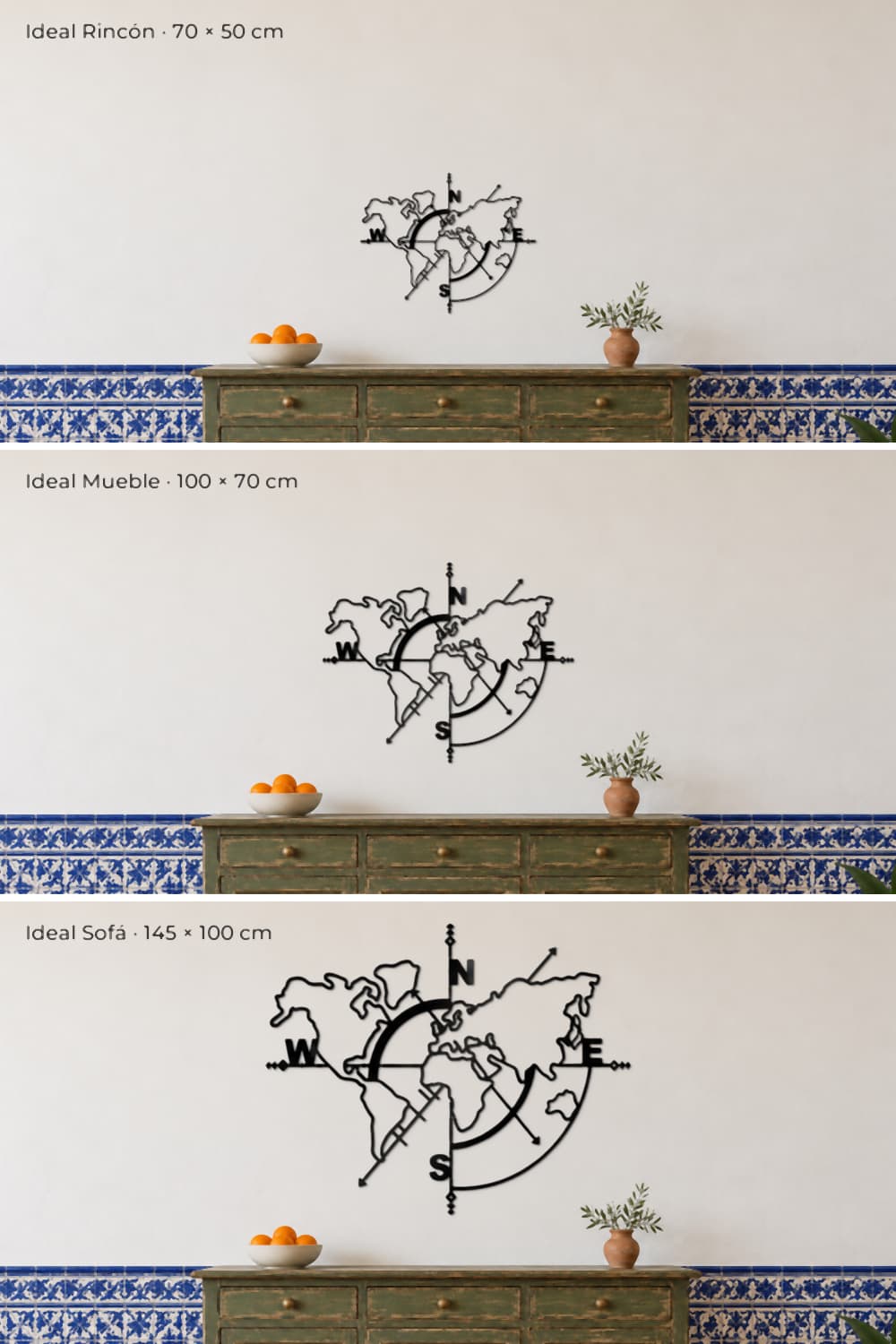 Medidas del cuadro Mapa Mundi de metal: 70 × 50, 100 × 70 y 145 × 100 cm sobre un aparador
