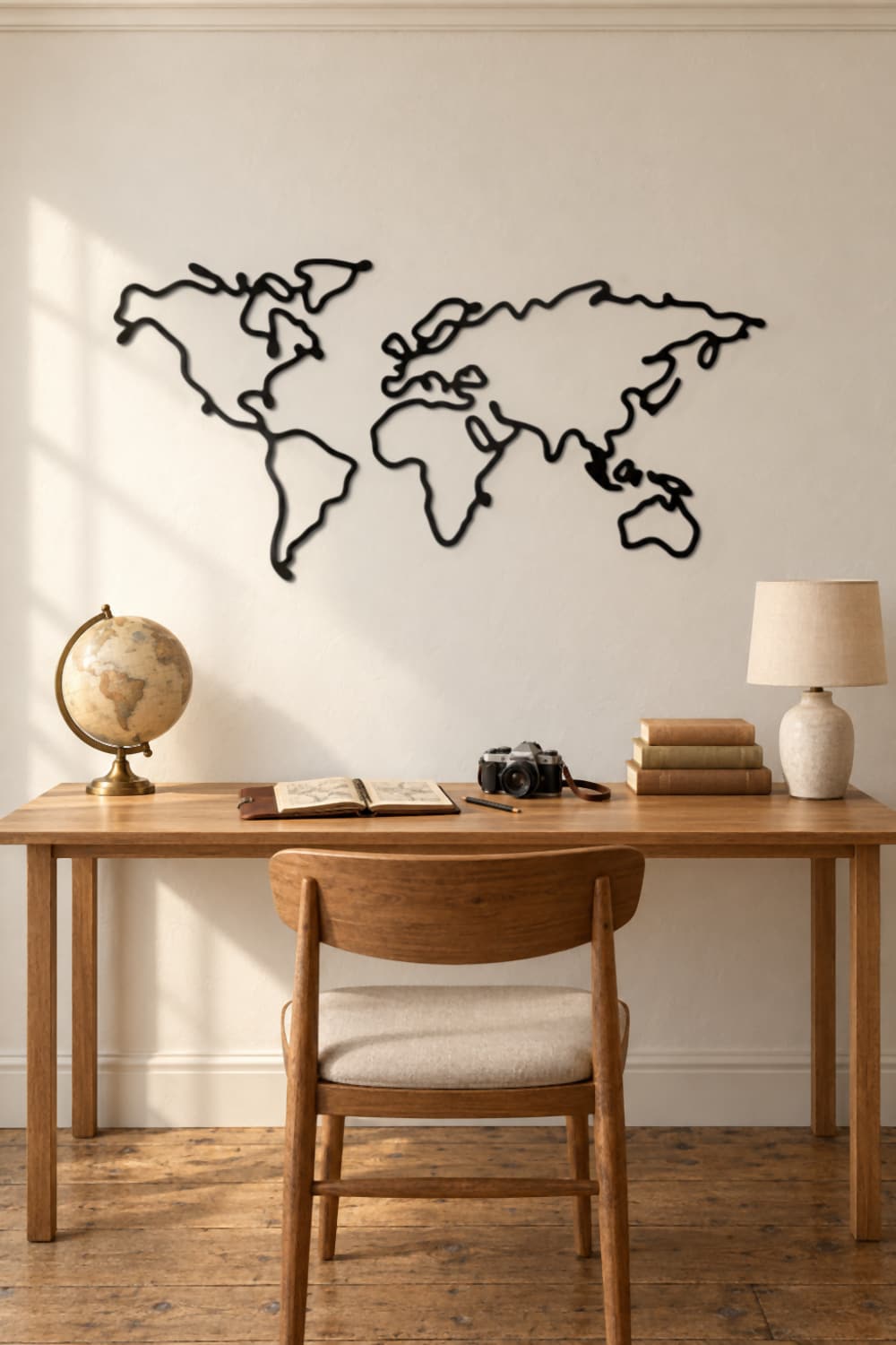 Mapa Slim, mapamundi de metal negro de 145 cm, sobre un escritorio de roble con globo terráqueo