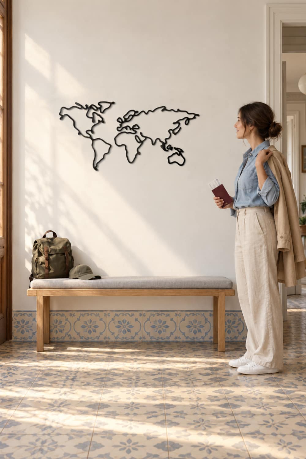 Mapa Slim en un recibidor con banco y zócalo de azulejos; una viajera con pasaporte lo contempla