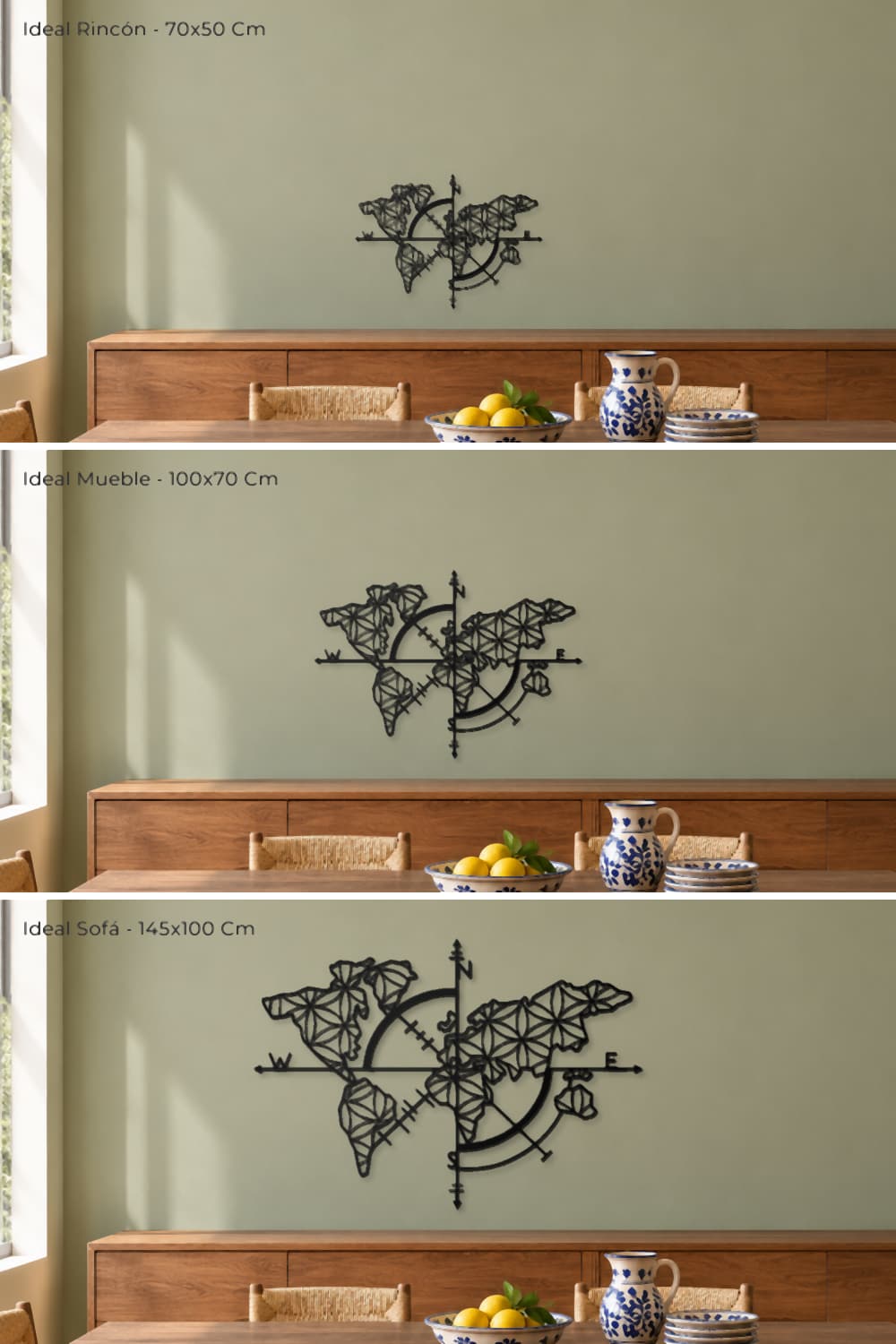 Mapamundi flores: comparativa de las medidas 70x50, 100x70 y 145x100 cm