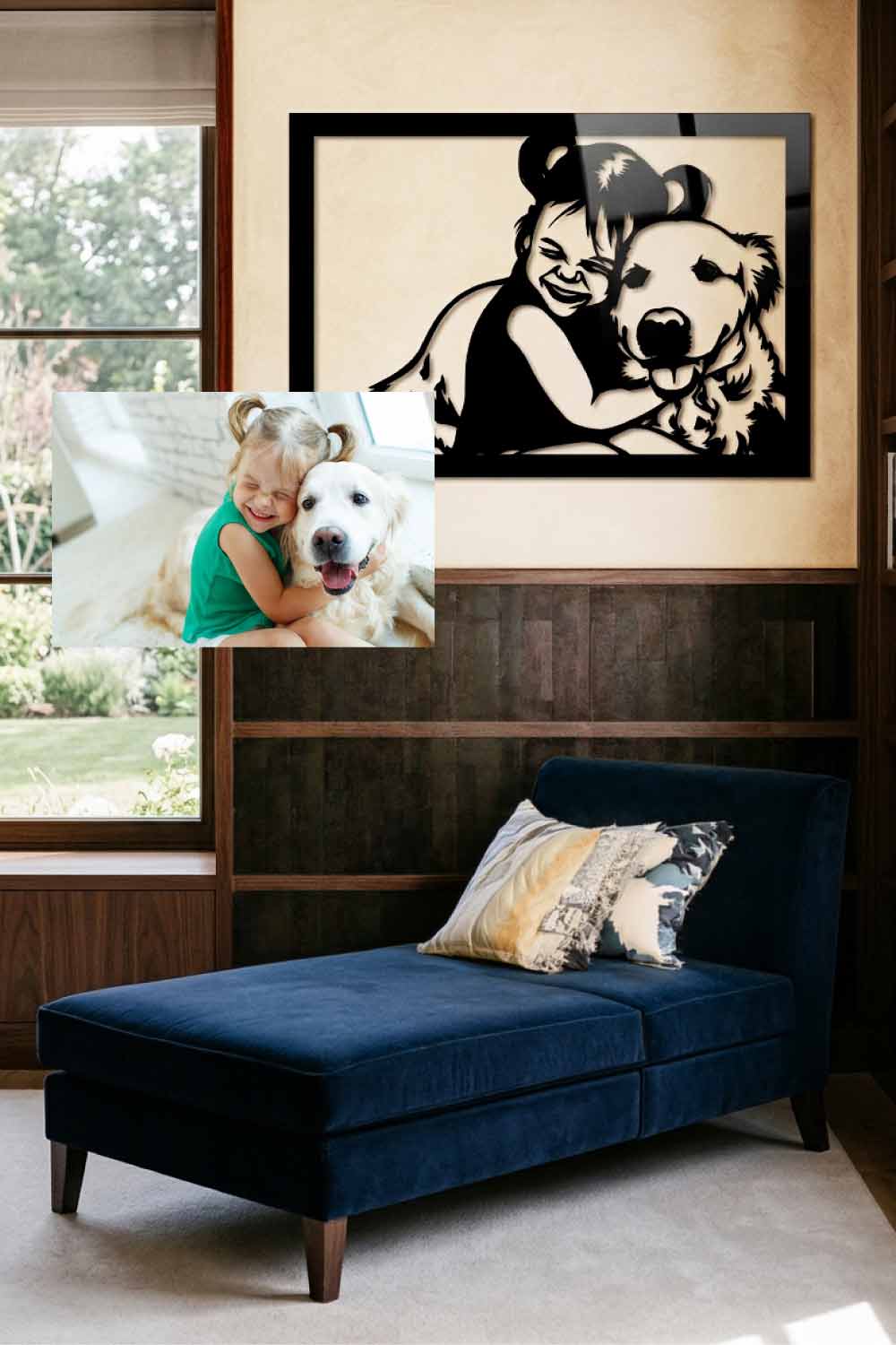 Cuadro de una niña abrazando a su golden retriever junto a la foto original