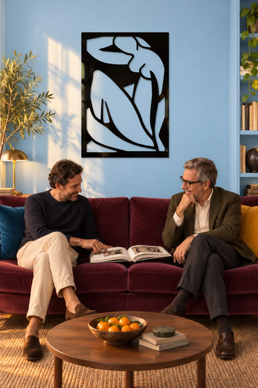 Matisse en salón de pared azul claro con dos amigos compartiendo un libro de arte