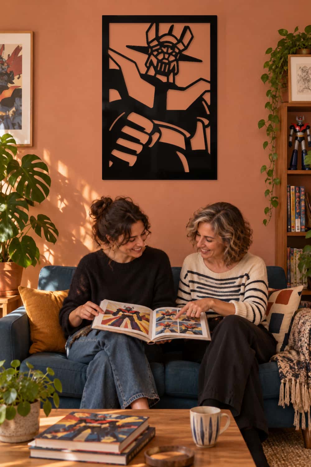 Mazinger Z en un salón terracota con dos amigas compartiendo recuerdos de infancia.