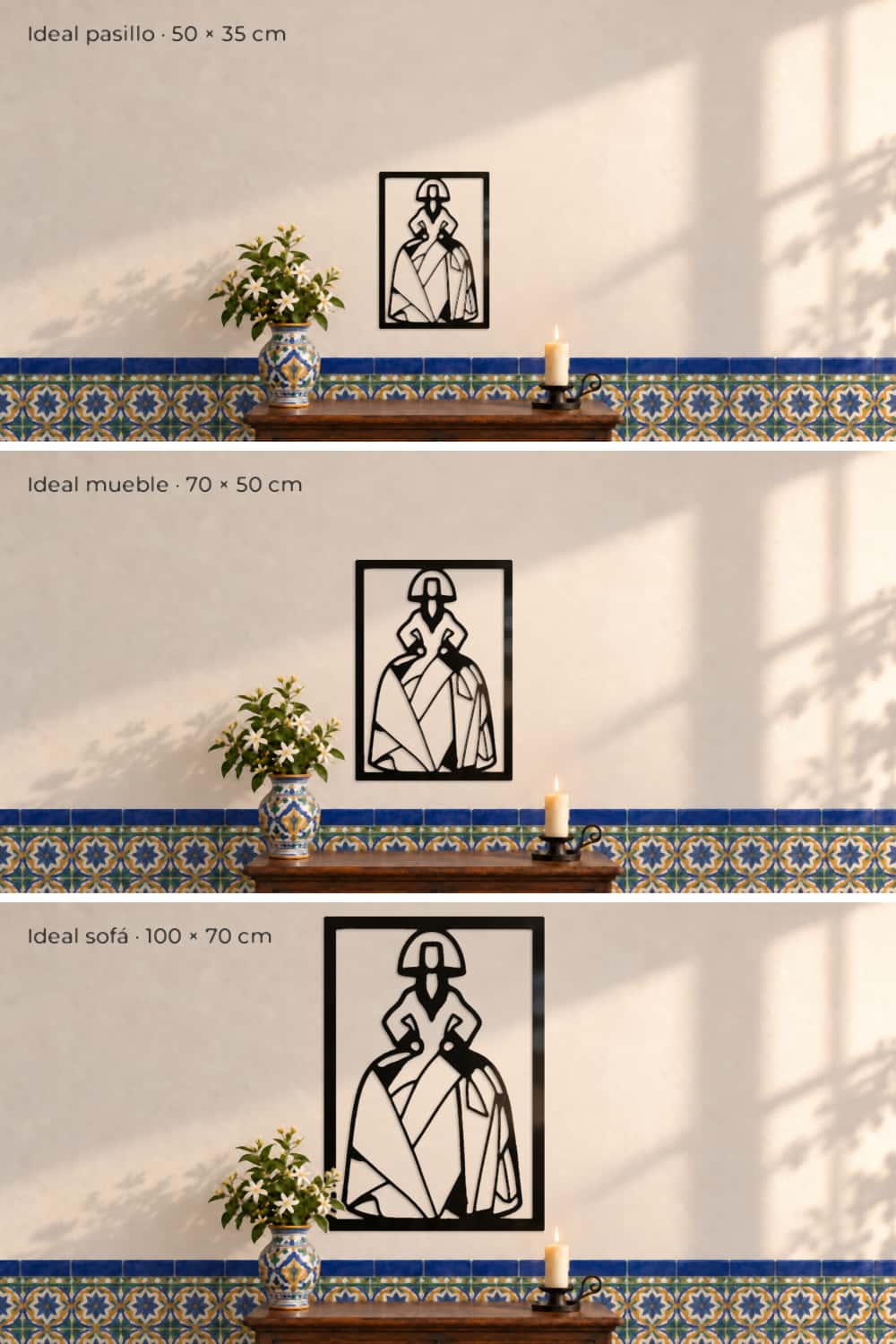 Menina Virgina: comparativa de medidas 50×35, 70×50 y 100×70 cm sobre cómoda con zócalo de azulejos