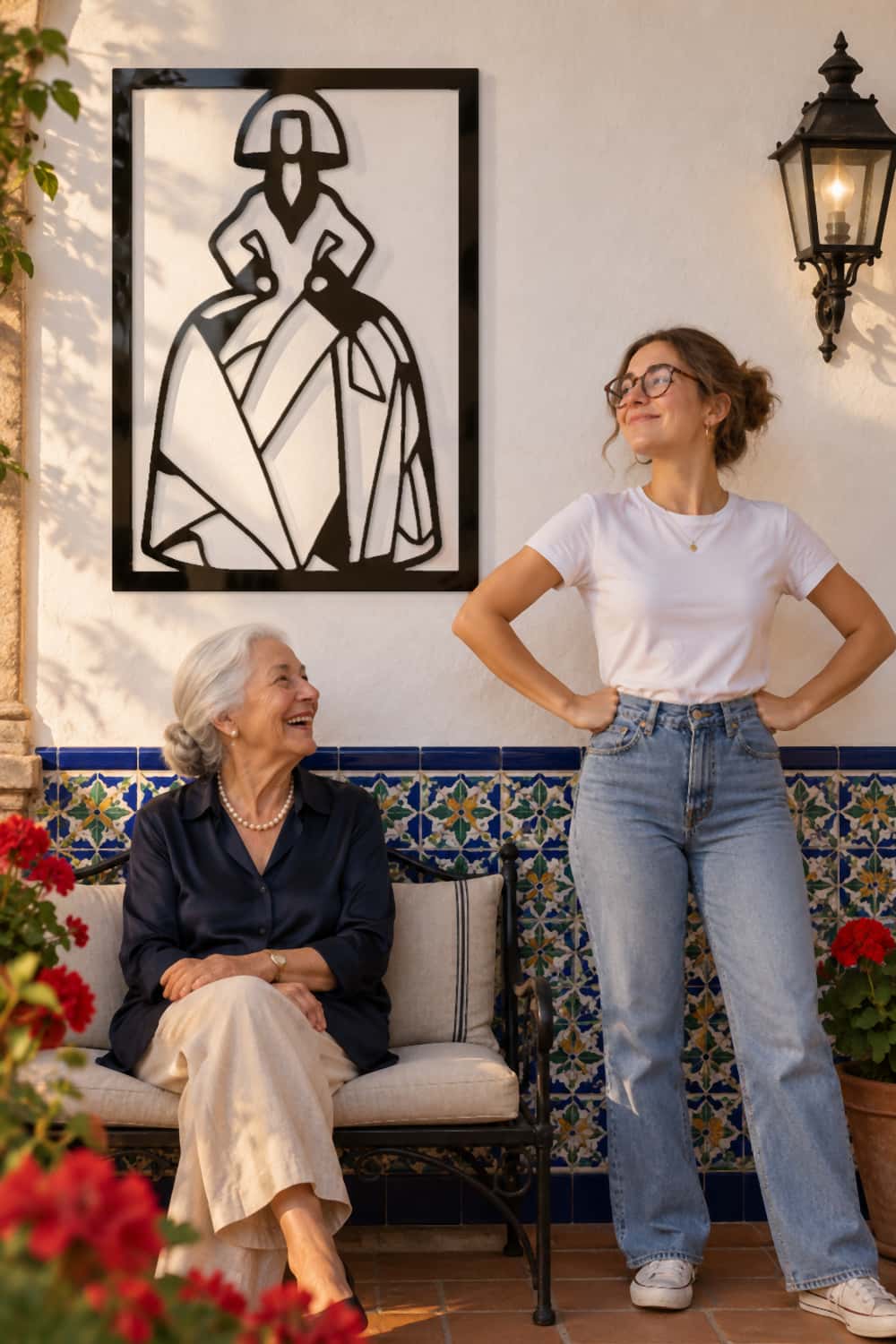 Menina Virgina en un patio andaluz: joven con gafas imita su pose en jarras junto a su abuela