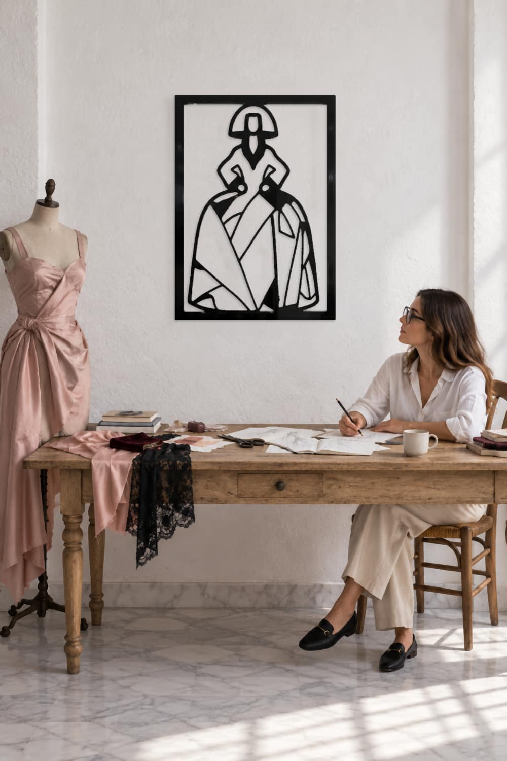 Menina Virgina de aluminio negro en un taller de costura con maniquí y una diseñadora dibujando