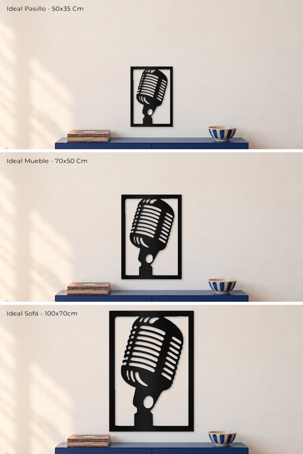 Micrófono, cuadro de aluminio negro: comparativa de las tres medidas sobre la misma pared