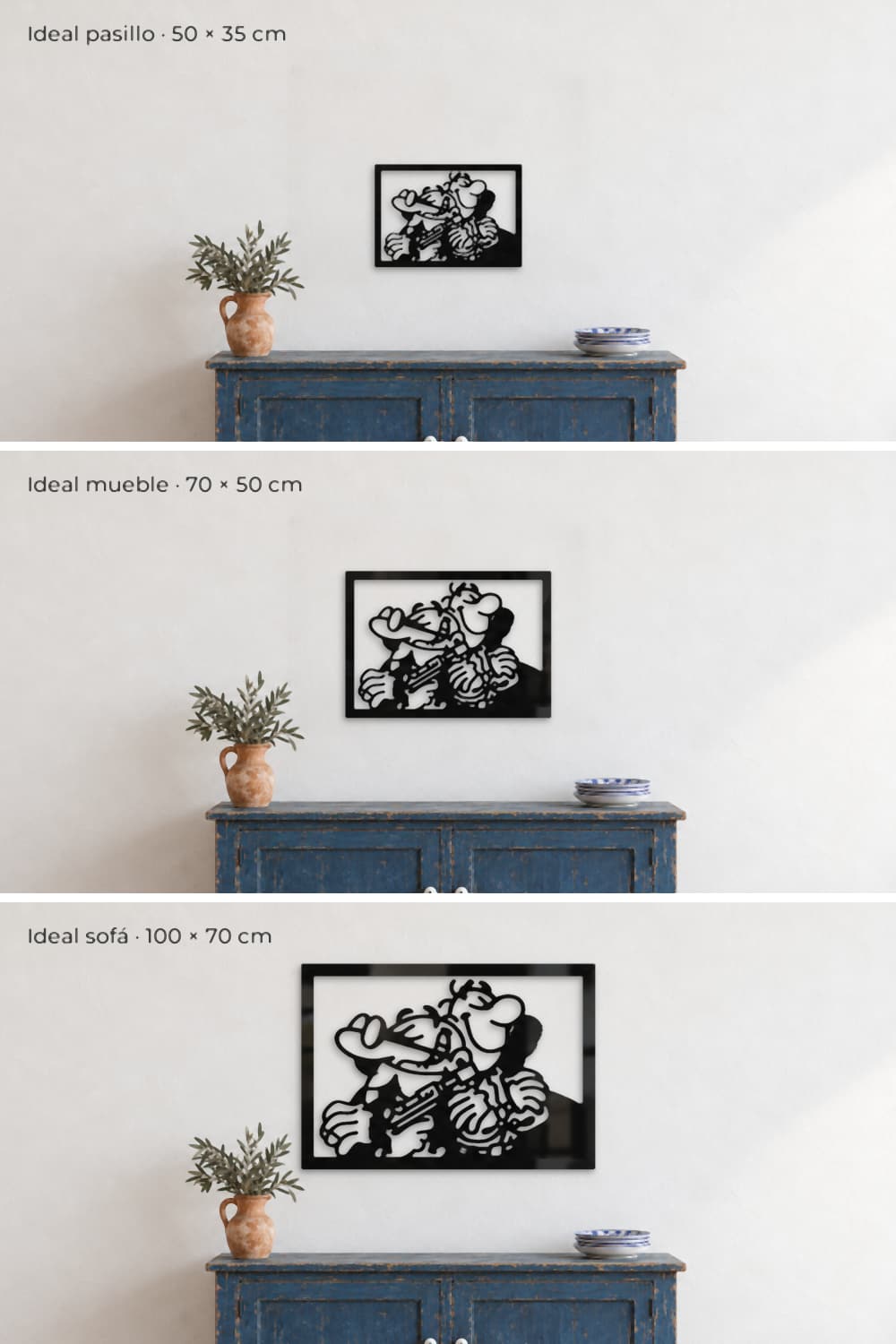 Medidas del cuadro Mortadelo y Filemón: 50x35, 70x50 y 100x70 cm sobre el mismo aparador azul