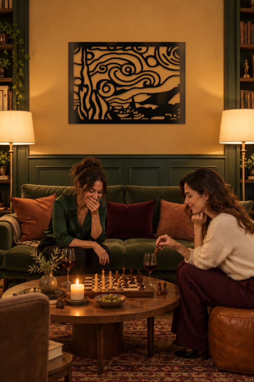 Noche Estrellada sobre sofá verde durante una partida de ajedrez entre amigas.