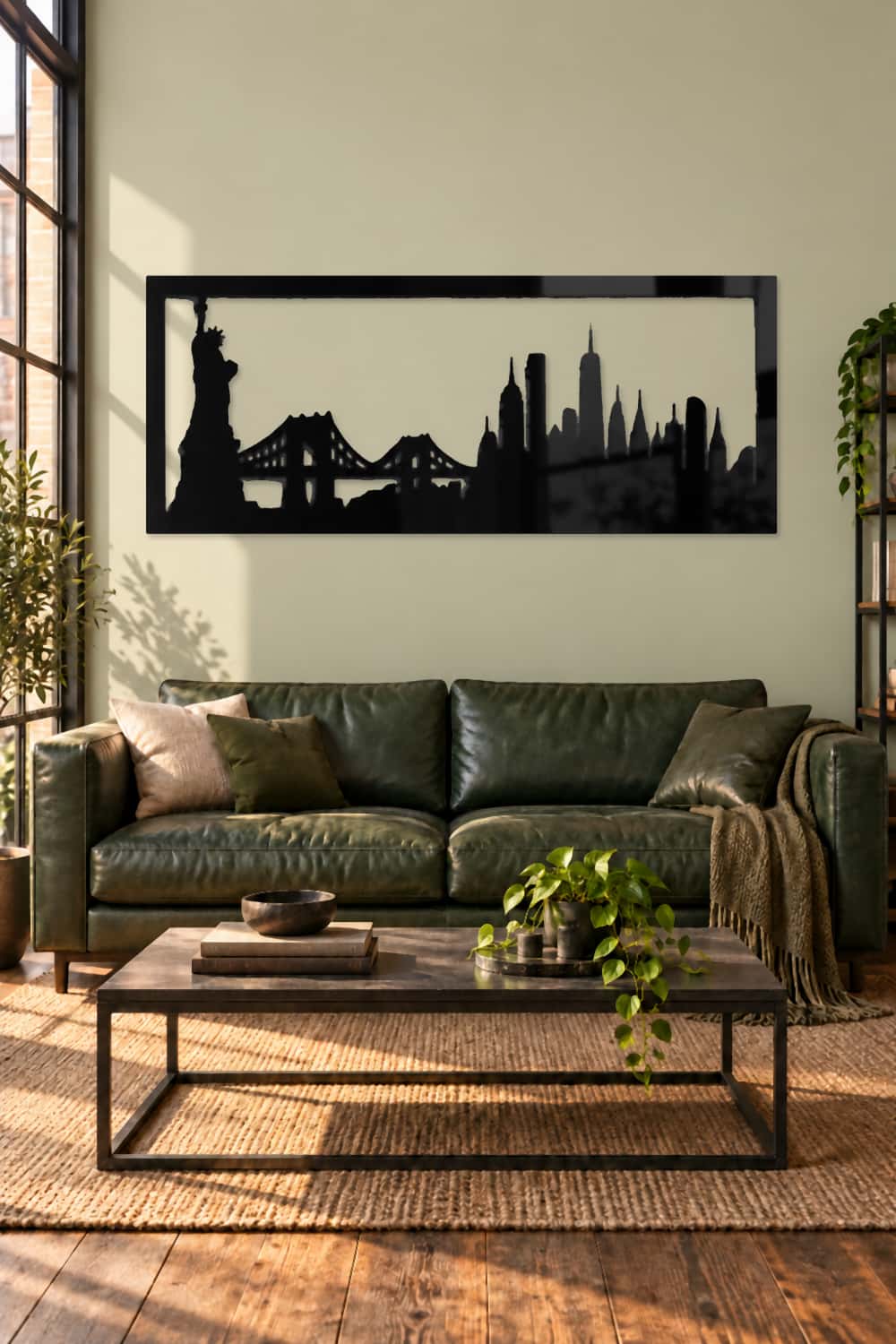 Nueva York, cuadro de aluminio negro sobre sofá verde y pared lisa salvia clara