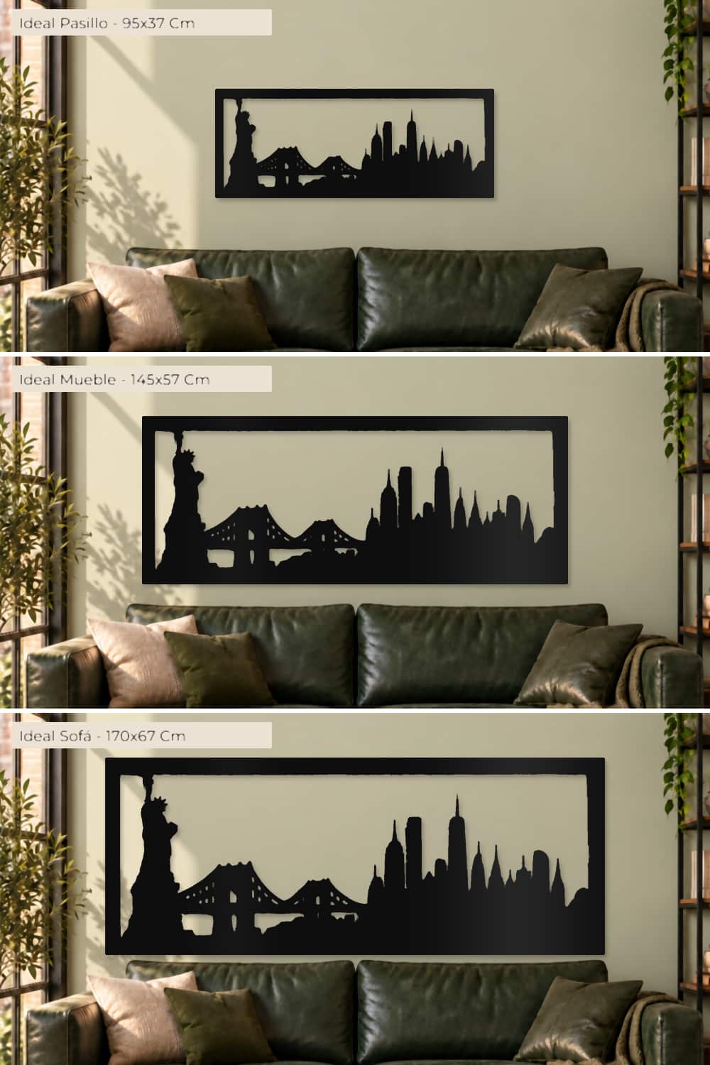 Nueva York, comparativa de medidas de 95x37, 145x57 y 170x67 cm en la misma pared