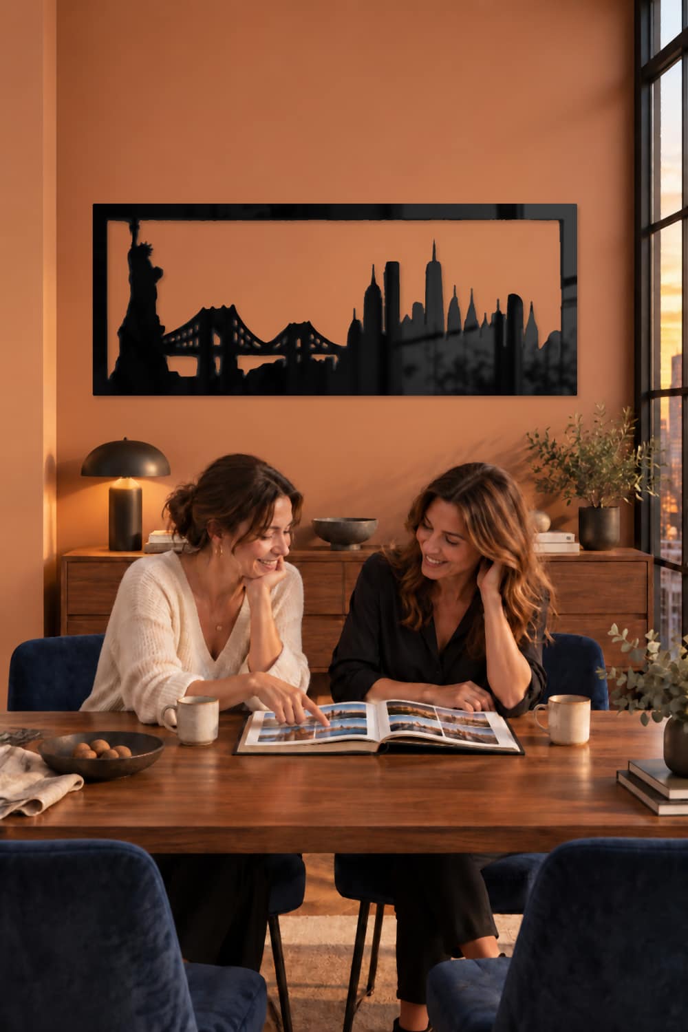 Nueva York, dos amigas comparten recuerdos de viaje en un comedor de pared lisa terracota