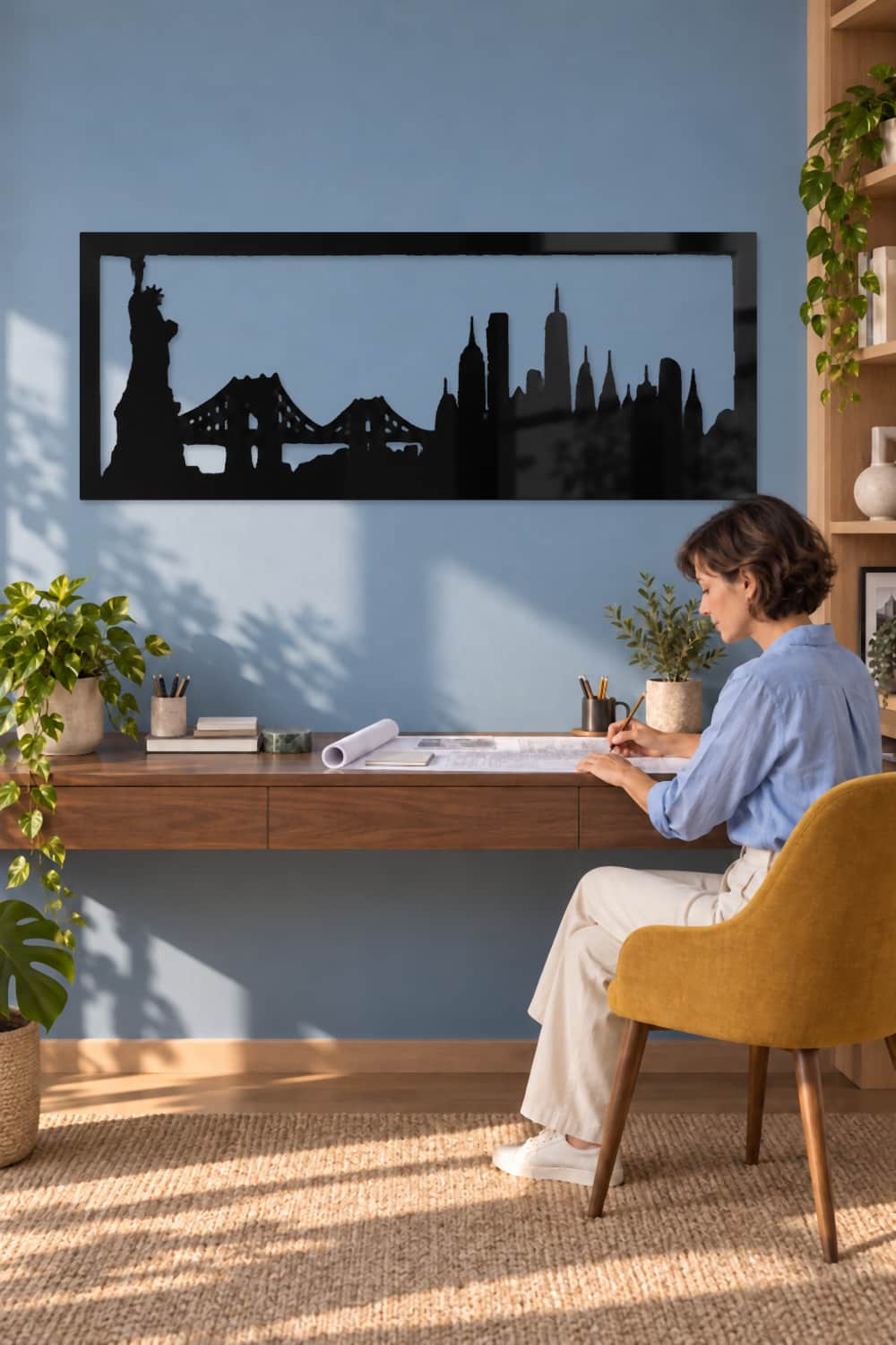 Nueva York, skyline en un despacho azul con una arquitecta trabajando en sus planos