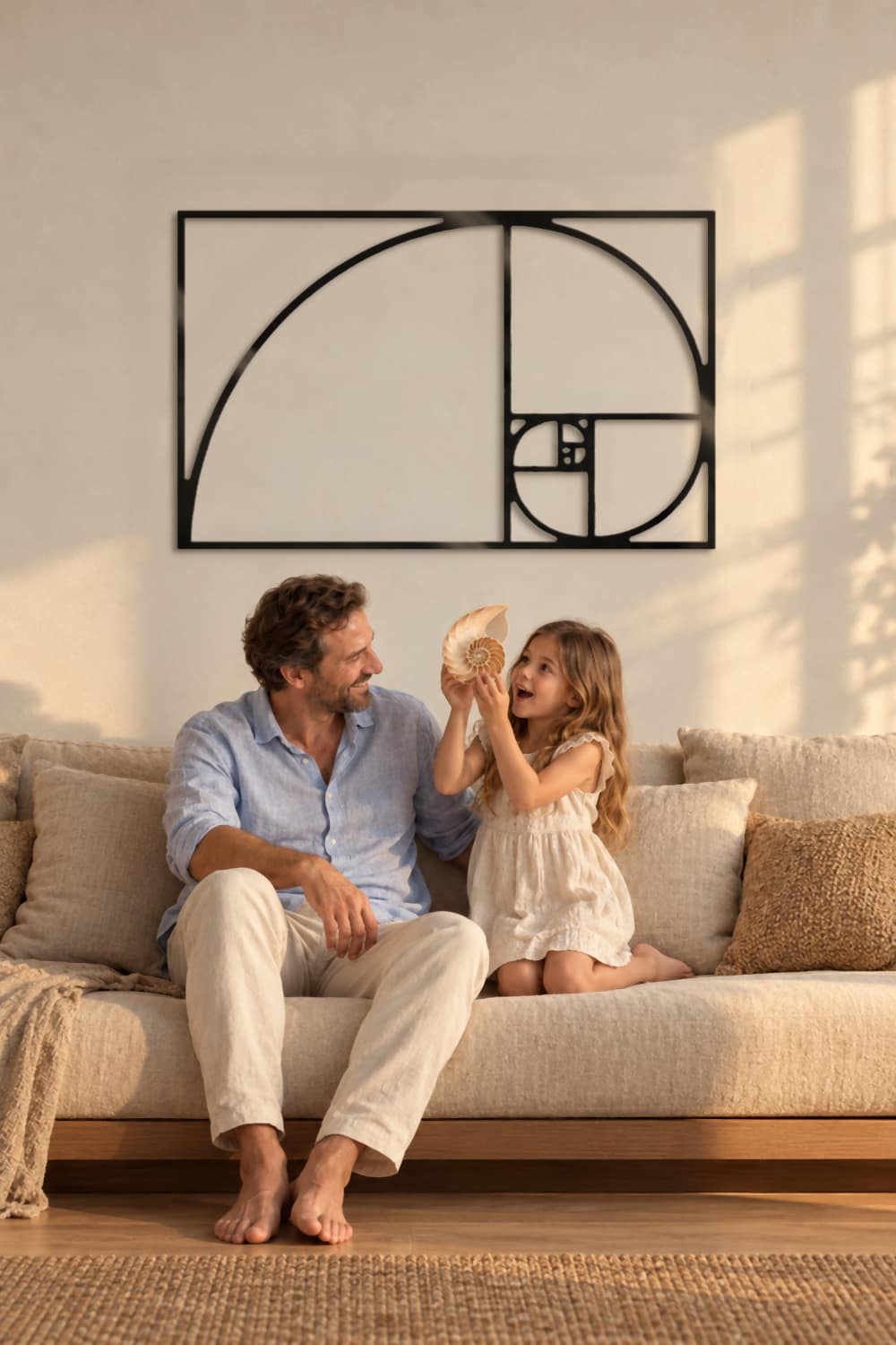 Cuadro Proporción Áurea sobre el sofá mientras un padre y su hija miran una concha de nautilo