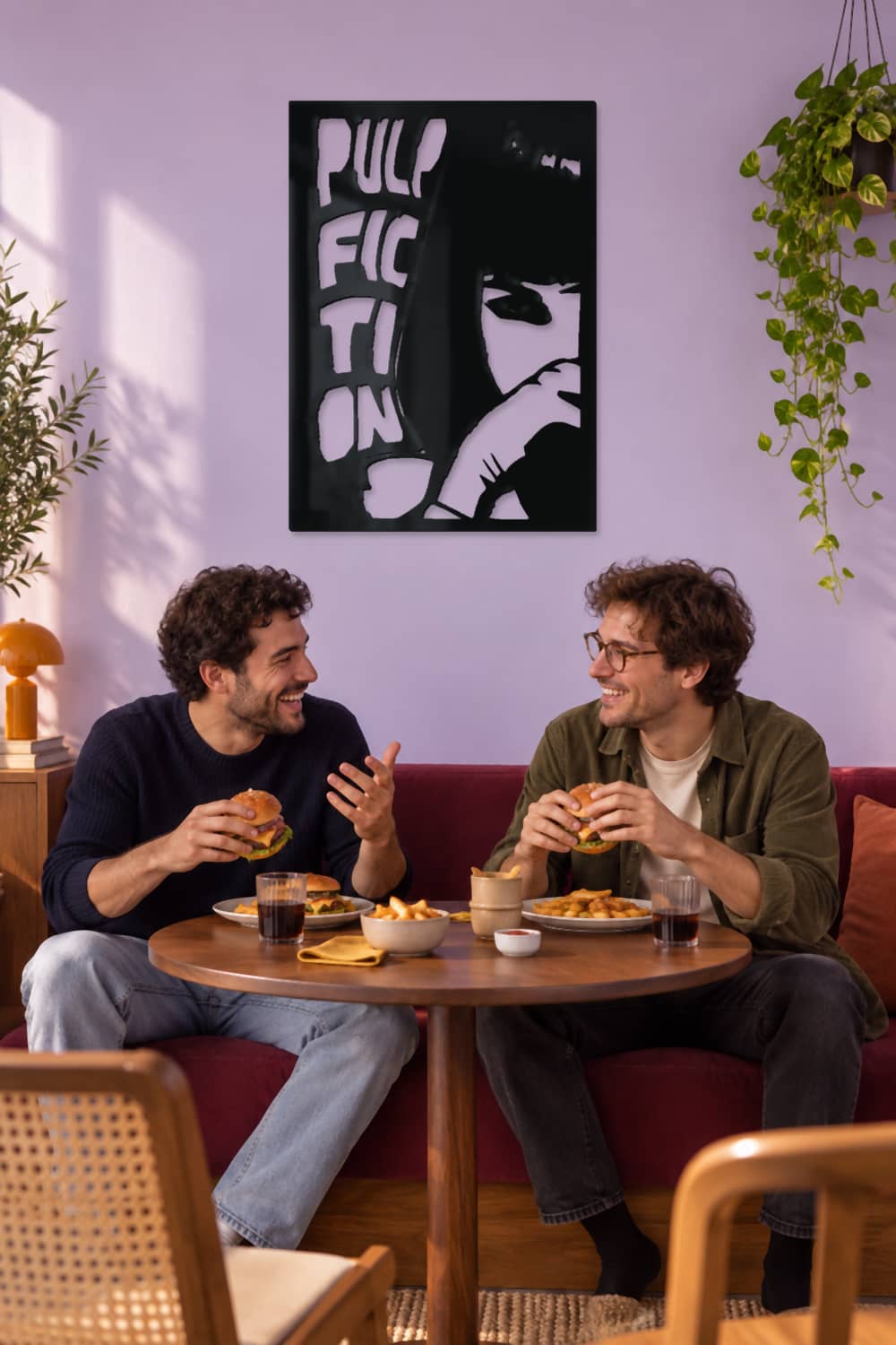 Pulp Fiction en un comedor lavanda con amigos compartiendo hamburguesas