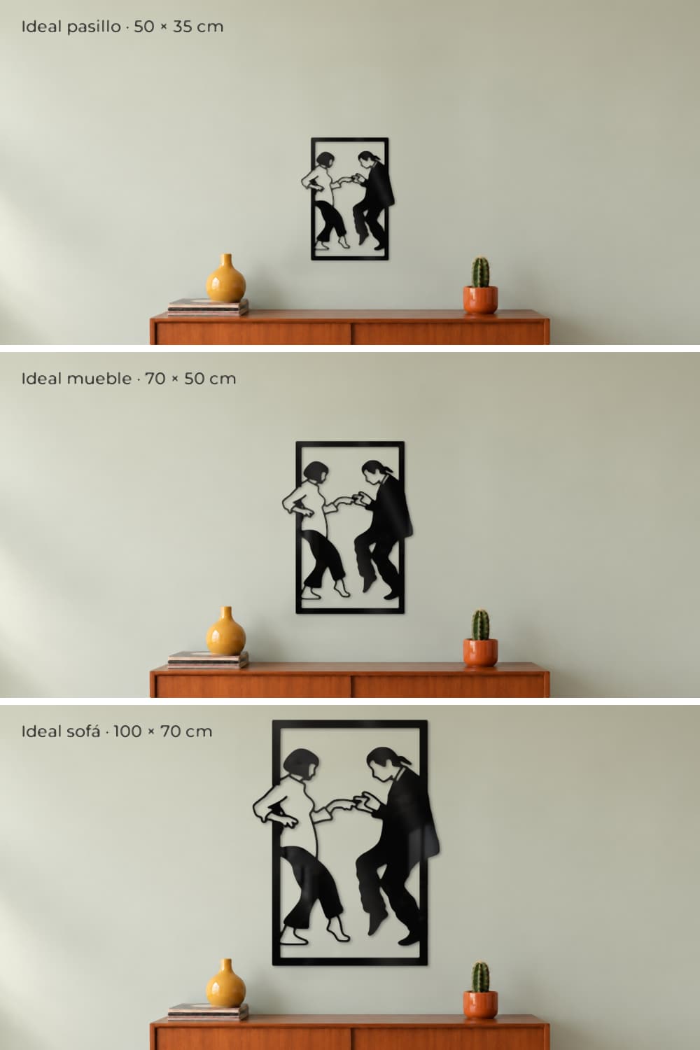 Pulp Fiction Dance Original en tres medidas: 50×35, 70×50 y 100×70 cm sobre el mismo aparador de teca