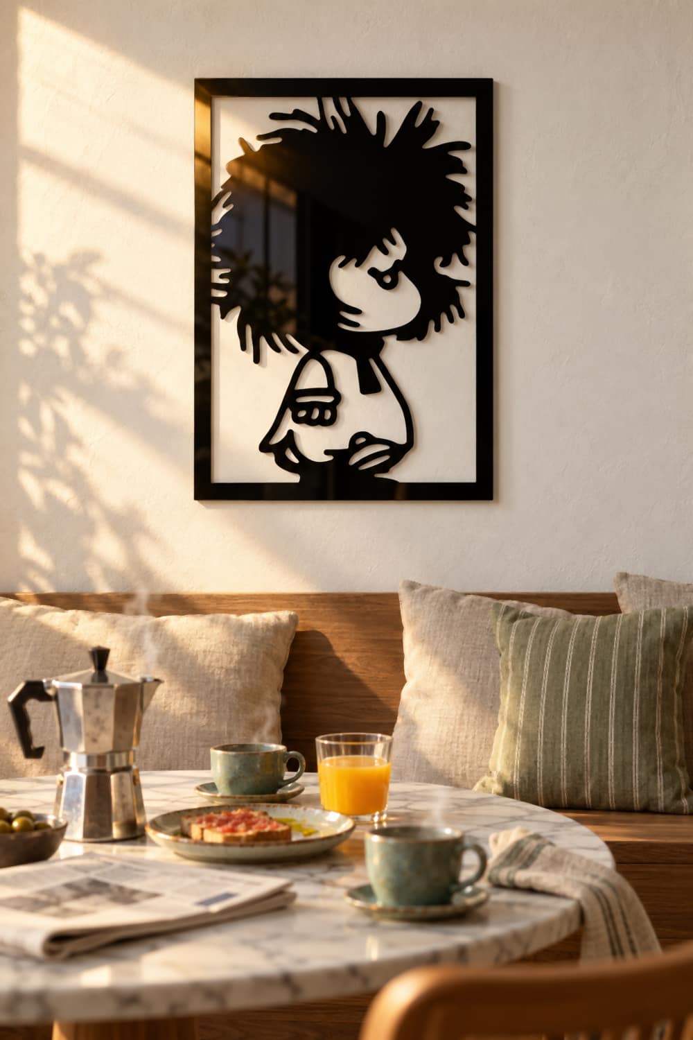 Cuadro Mafalda Recién Levantá en aluminio negro en un rincón de desayuno con luz de mañana