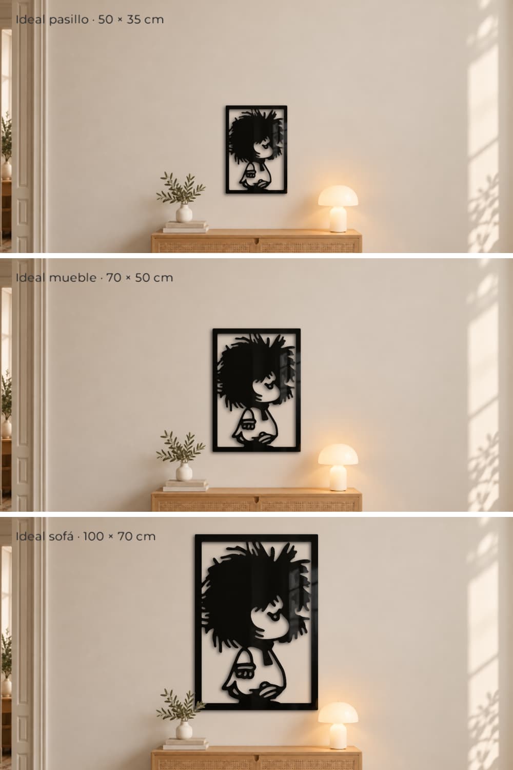 Medidas del cuadro Mafalda: ideal pasillo 50×35, ideal mueble 70×50 e ideal sofá 100×70 cm