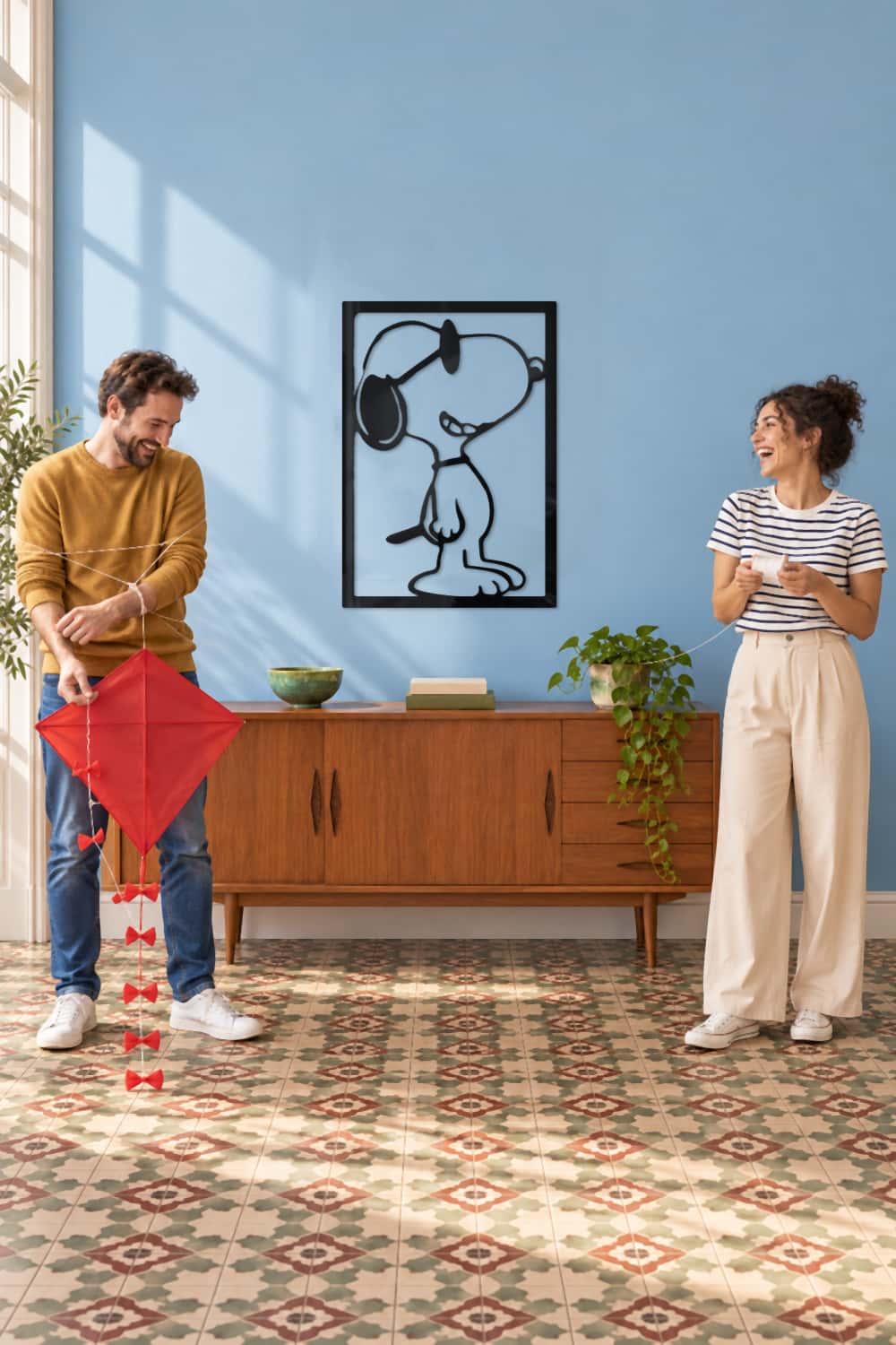 Cuadro Snoopy Joe Cool de 100x70 sobre un aparador vintage, pareja enredada con una cometa roja