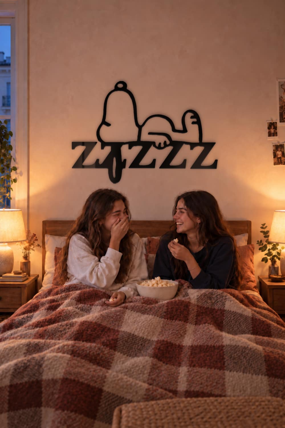 Cuadro Snoopy Durmiendo sobre el cabecero: dos amigas ríen con palomitas en una noche de pijamas