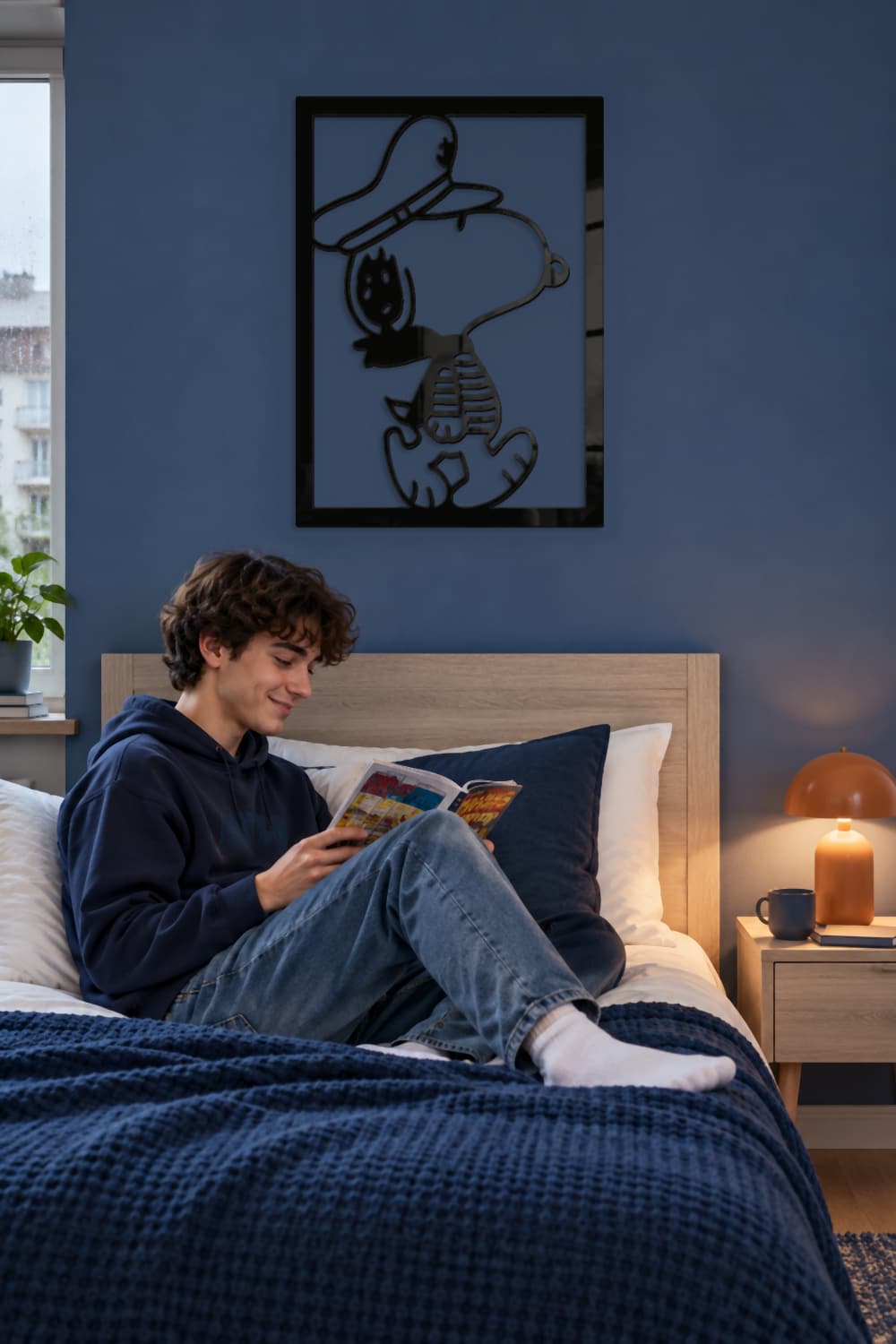 Snoopy Marine en dormitorio azul con joven leyendo un tebeo