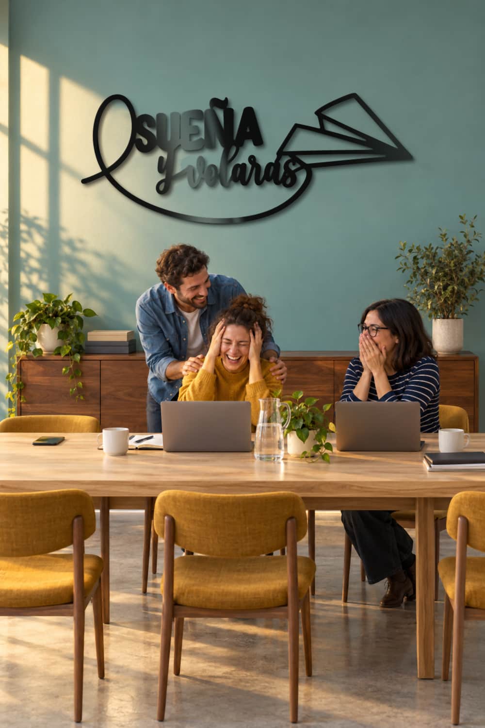 Sueña Y Volarás en una reunión de equipo en coworking de pared verde.