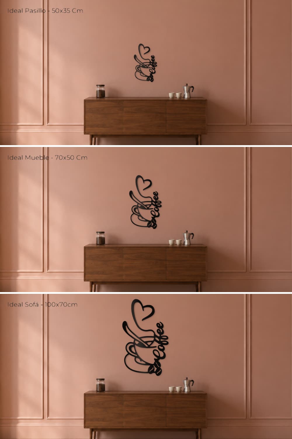 Taza De Café: comparativa de las tres medidas en la misma pared con aparador de nogal