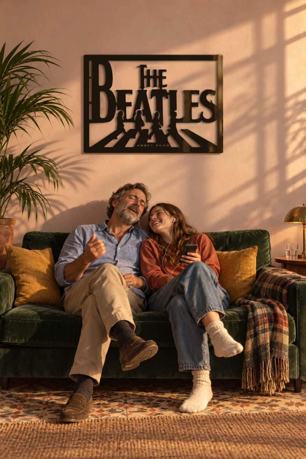 Cuadro The Beatles sobre el sofá: padre e hija comparten auriculares y canciones con la luz de la tarde