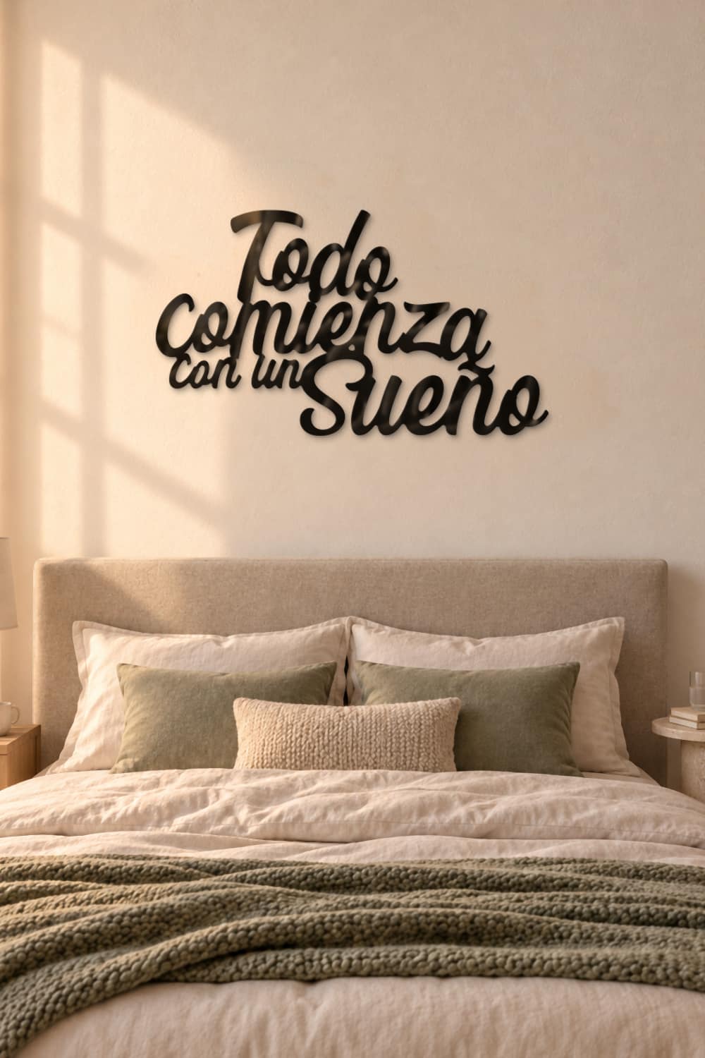 Cuadro Todo Comienza Con Un Sueño en aluminio negro sobre el cabecero de un dormitorio al amanecer