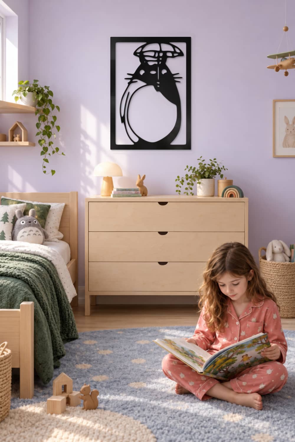 Totoro de metal como guardián en un dormitorio infantil lavanda con una niña leyendo.