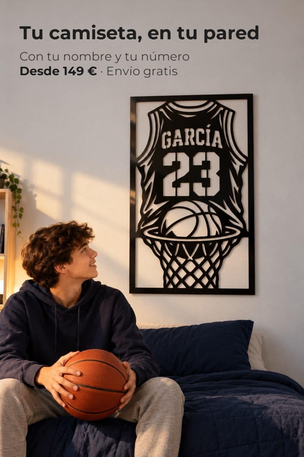 Cuadro personalizado de una camiseta de baloncesto con el nombre GARCÍA y el número 23, en aluminio negro, en un dormitorio juvenil